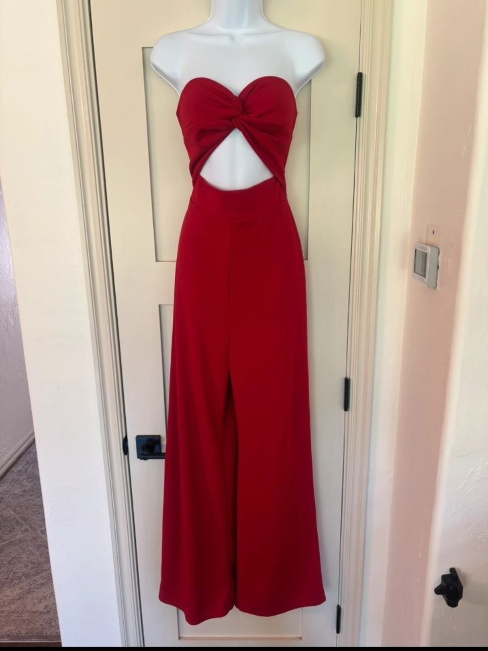 Lulu's Strapless Red Twist Front Cutout Jumpsuit